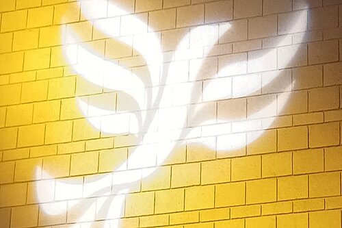 Lib Dem logo bird projected on blockwork