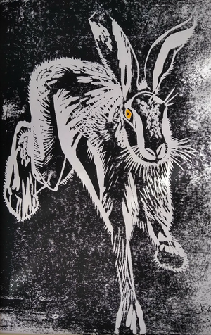 Lino cut of hare by Jane Dent